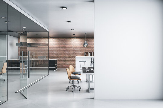 Comfortable office lobby interior with blank white wall.