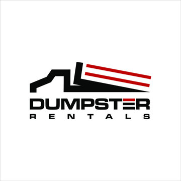 Dumpster rental logo line vector red container truck symbol fast delivery suitable for industrial or business company service template