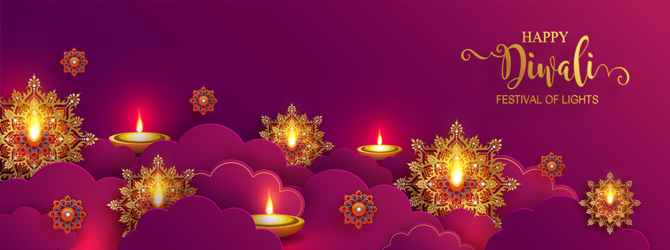 Diwali, Deepavali or Dipavali the festival of lights india with gold diya patterned and crystals on paper color Background.
