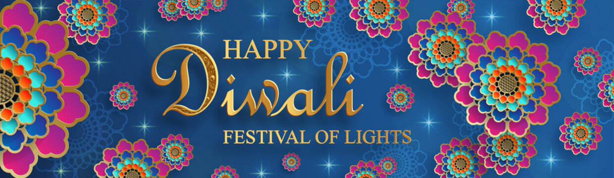 Diwali, Deepavali or Dipavali, the indian festival of lights on blue color background