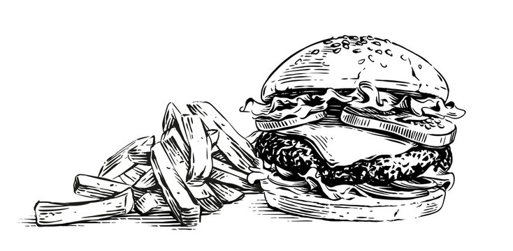 burger and french fries hand drawing sketch engraving illustration style