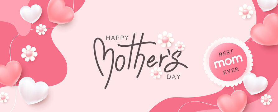 Mothers day banner background layout Heart Shaped Balloons and flower with copy space