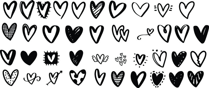 Heart doodles set. Hand drawn hearts collection. Romance and love illustrations.