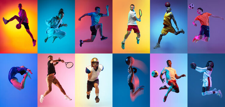 Collage of professional sportsmen in action and motion isolated on multicolored background in neon light. Flyer. Advertising, sport life concept