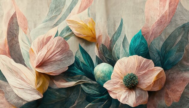 Flowers in the style of watercolor art. Luxurious floral elements, botanical background or wallpaper design, prints and invitations, postcards. Beautiful delicate flowers 3D illustration