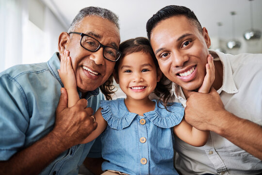 Photo, happy and family in their house to relax together in the living room on the sofa. Face portrait of a young girl with her grandfather and father with love, happiness and smile in the lounge