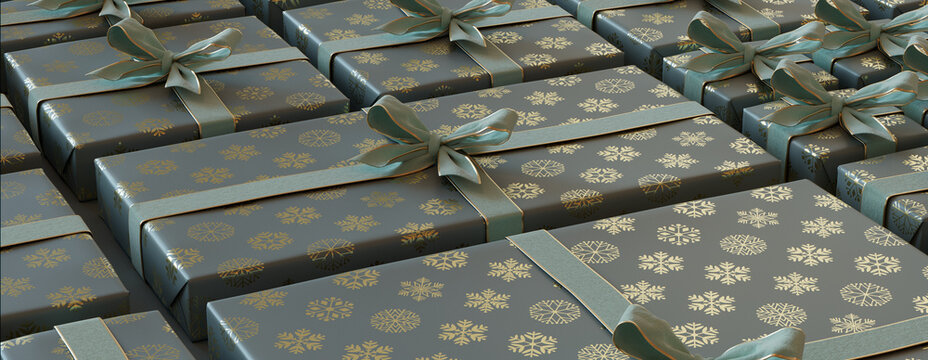 Festive Background with Christmas Gifts Precisely arranged in a Grid. Elegant Turquoise and Gold banner.