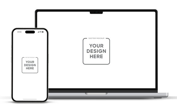 Modern laptop mockup front view and smartphone mockup high quality isolated on white background. Notebook mockup and phone device mockup for ui ux app and website presentation Stock Vector.