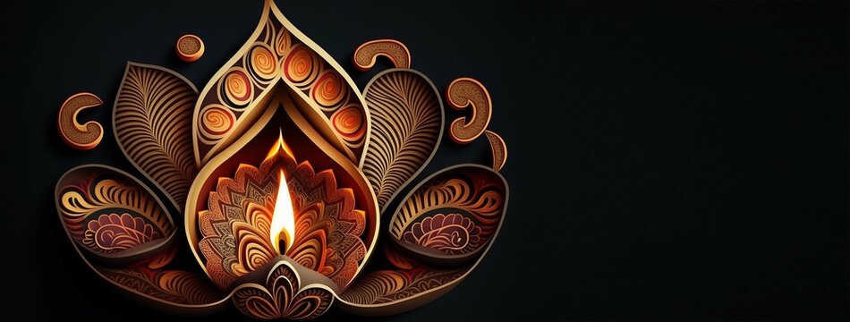 Happy Diwali - Illustration of Diwali Diya with copy space, generative ai