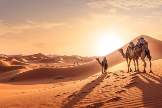 A stunning desert landscape image featuring the golden dunes of the nearby Sahara Desert, with a camel caravan in the distance, evoking the sense of adventure and exploration. Generative Ai