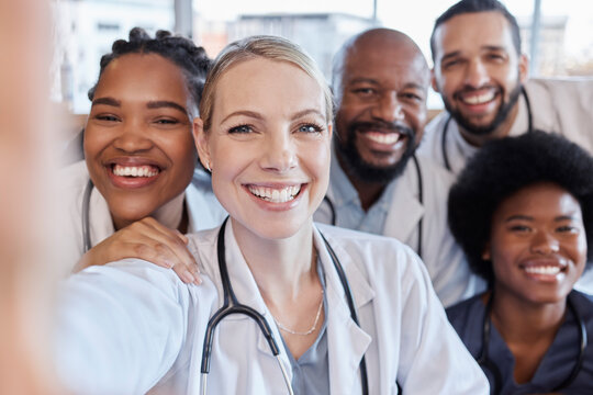 Selfie, portrait and hospital doctors, happy people or surgeon team smile on healthcare, medical photo or health services. Teamwork support, memory picture or group face of diversity medicare nurses