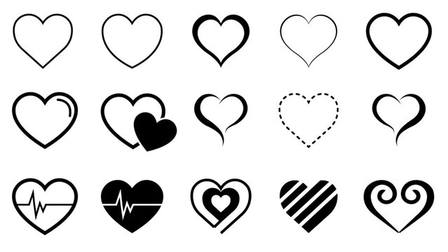 set of hearts icons in black color heart simple heart shaped metal heart with stroke valentines day icons