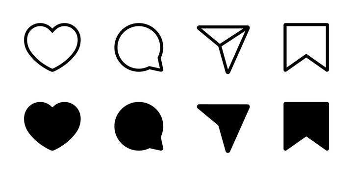 Like, comment, share, and save icon vector of social media. Love, speech bubble, paper plane, favorite sign symbol