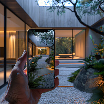 A person holds their phone to snap a photo of their entryway to their beautiful industrial modern home with floor to ceiling windows and concrete finishes