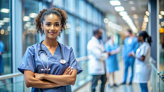 A smiling group of doctors, nurses, and other medical professionals in uniforms stand together in a brightly lit hospital hallway