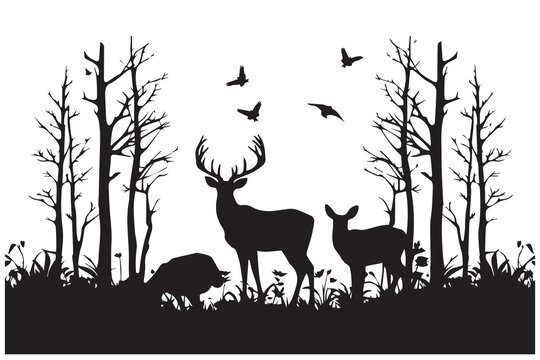 Black silhouette of deer family with baby and forest fir trees wildlife adventure