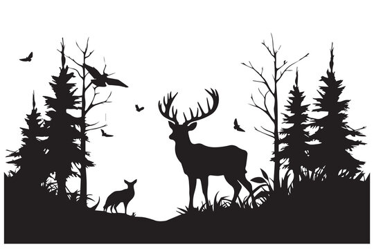 Black silhouette of wild forest woods animals deer and forest fir spruce trees