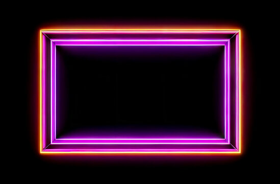 neon glowing blank frame for text on black background, bright neon illuminated frame, holiday promotions, birthday and sale announcements with space for personalization