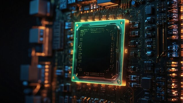 photo of glowing computer processor components made by AI generative