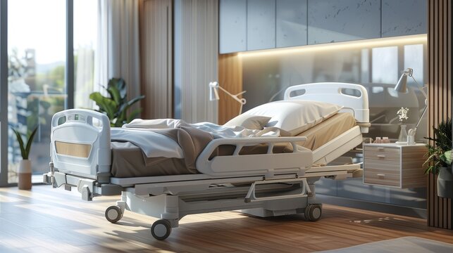 hospital bed in a modern hospital room. The bed is empty and the room is clean and bright. The photo is taken from a patient's perspective.