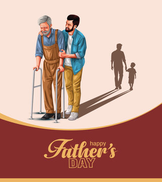 son on his father helping to walking background, happy international father's day concept, can be use for card, poster, website, brochure. vector illustration design