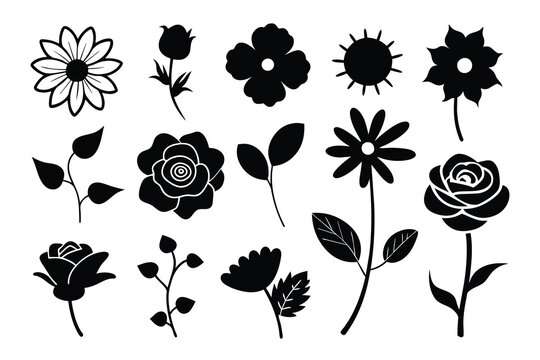 Single flower doodles drawing vector illustration. Spring flower outline set including a rose, sunflower daisy, hibiscus, peony, camellia