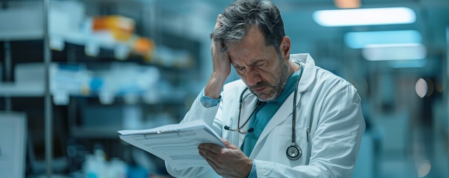 A doctor stressed, holding head, medical charts in hand, hospital background, high detail, healthcare theme, commercial use