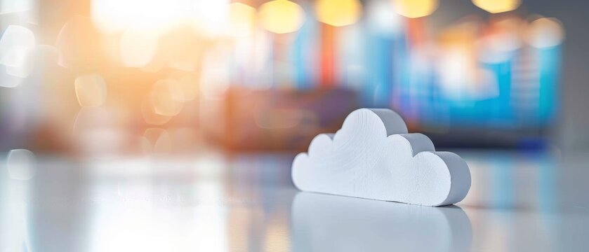 White cloud-shaped model on a reflective surface with blurred bokeh lights in the background. Concept of cloud computing and technology.