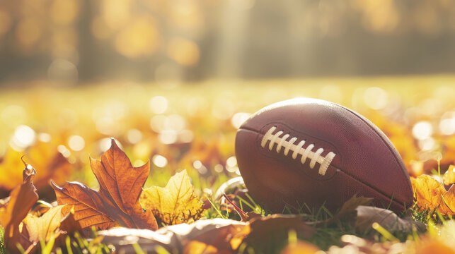 A football is laying on the ground in a field of autumn leaves. The football is surrounded by a variety of leaves, some of which are brown and some are yellow. The scene gives off a sense of nostalgia