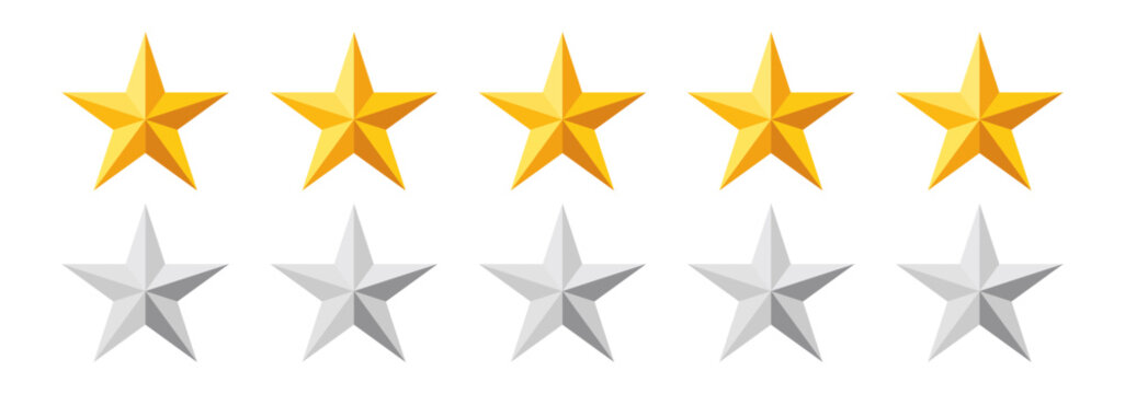 Five stars rating set. Stars quality rating icon. Star rating realistic gold star set vector