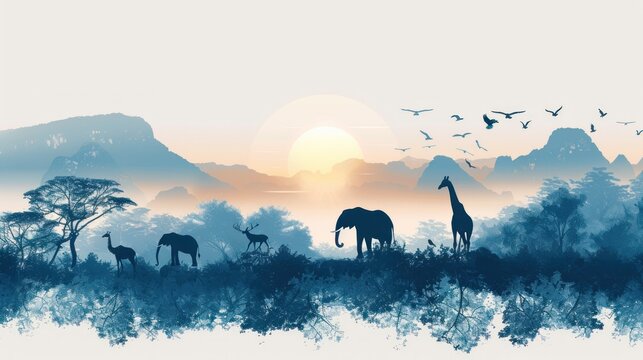 An enchanting set of animal silhouettes arranged on a serene landscape backdrop. The silhouettes of different species, including an elephant, a giraffe, and a bird in flight, are depicted with