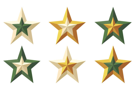 Vector icons of stars . Gold, pearls, green color. Two-color Vector Illustration. 3d star icons with shadow on isolated background