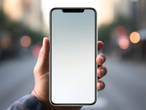 Hand holding an phone in vertical orientation with a blank screen.