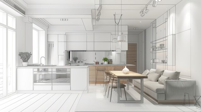 Beautiful Stylish kitchen interior sketch design and drawing with modern furniture. Combination of photo and sketch