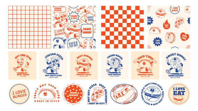 Retro fast food. Cartoon stickers and seamless patterns with groovy food mascot. Comic food characters for cafe menu. Patches taco, hot dog and burger. Vector templates