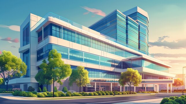 Illustrate a modern hospital building with sleek design and advanced medical facilities, highlighting the architecture of healthcare.