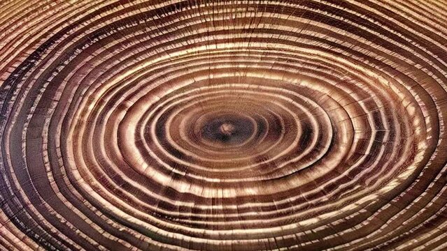 Move or cause to move in a circle around an axis or center. A close-up view of a tree trunk cross-section, revealing detailed growth rings that radiate outward from the center.