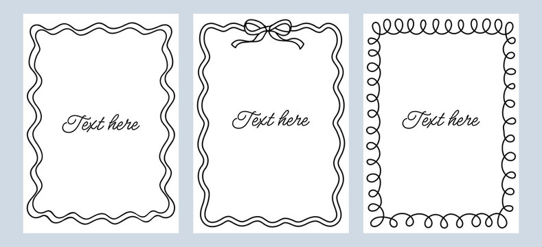 Set black frames template with space for text. Hand drawn wavy frames isolated on background. Vertical border frame card