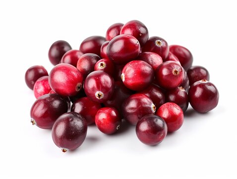 A close-up photo of a pile of fresh cranberries on a white background.