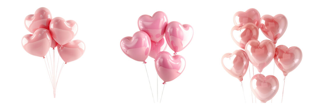 Set of A pink heart shape balloons floating against a pristine on transparent background