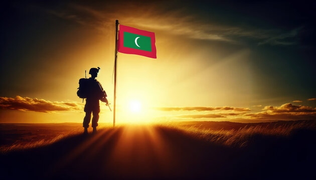 A soldier standing beside the Maldive flag at sunset, symbolizing courage and dedication to the nation