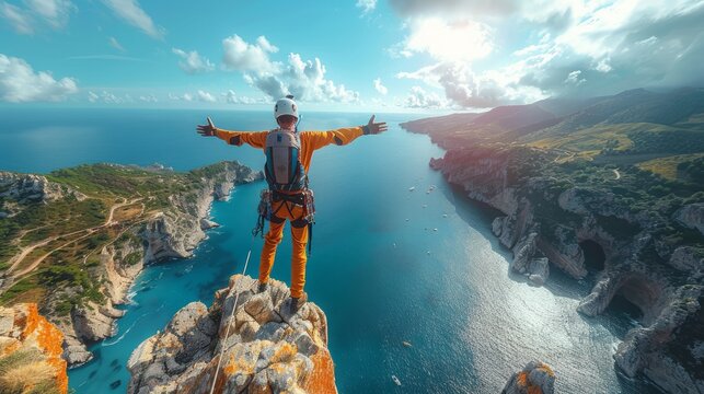 photograph of A bungee jumper in the moment of free fall, the elastic cord stretching above a dramatic natural landscape wide angle lens.