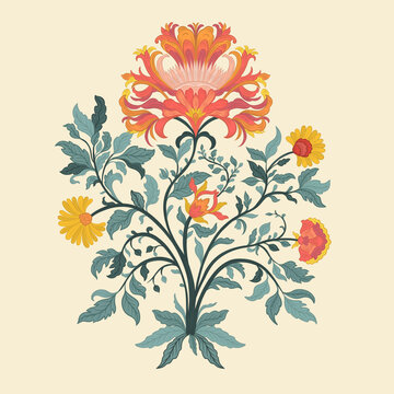 Mughal Art is a traditional bunch flower of floral ornaments. A multi-color motif on a light background, isolated element. Fantasy traditional bouquet.