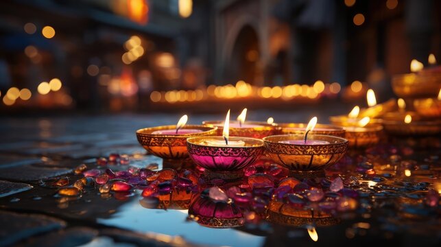 happy diwali background with burning candles, dark and blurred background