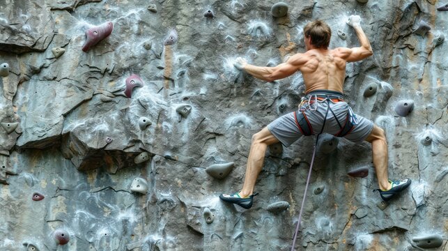 A shirtless male climber with chalk on his back ascends an indoor rock wall with colorful holds and safety harness