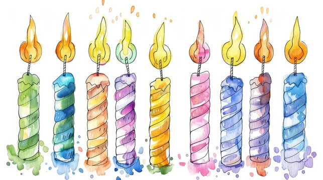 Ten watercolor birthday candles with flames