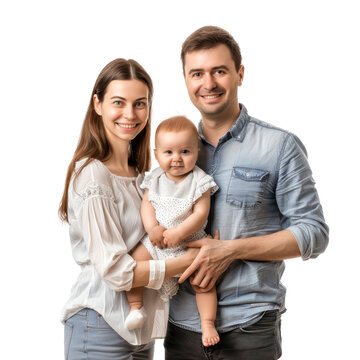 happy european family with one baby standing together and smiling on transparency background PNG
