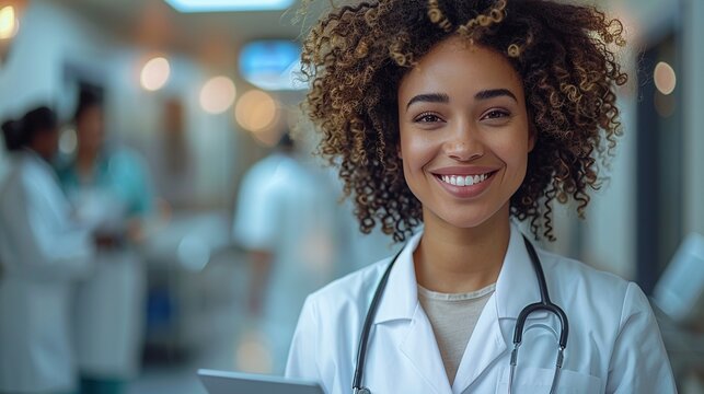 Young female doctor stands smiling in busy hospital corridor portrait image. Curly hair physician wears white coat and stethoscope picture photorealistic. Healthcare concept photo