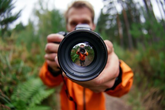 The fish eye lens reveals an enthusiastic photographer meticulously taking photos, the curvature of the lens emphasizing his deep engagement with the camera