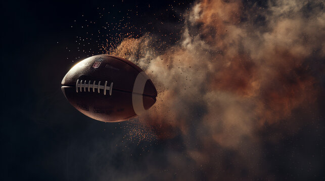 A dynamic, high-speed motion shot of an American football in mid-air, surrounded by a cloud of particles and dust, emphasizing its powerful trajectory through a dark, dramatic background 